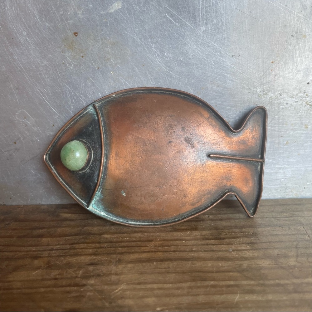 Vintage 80's Copper Belt Buckle Fish Aquatic Figural with Stone Eye